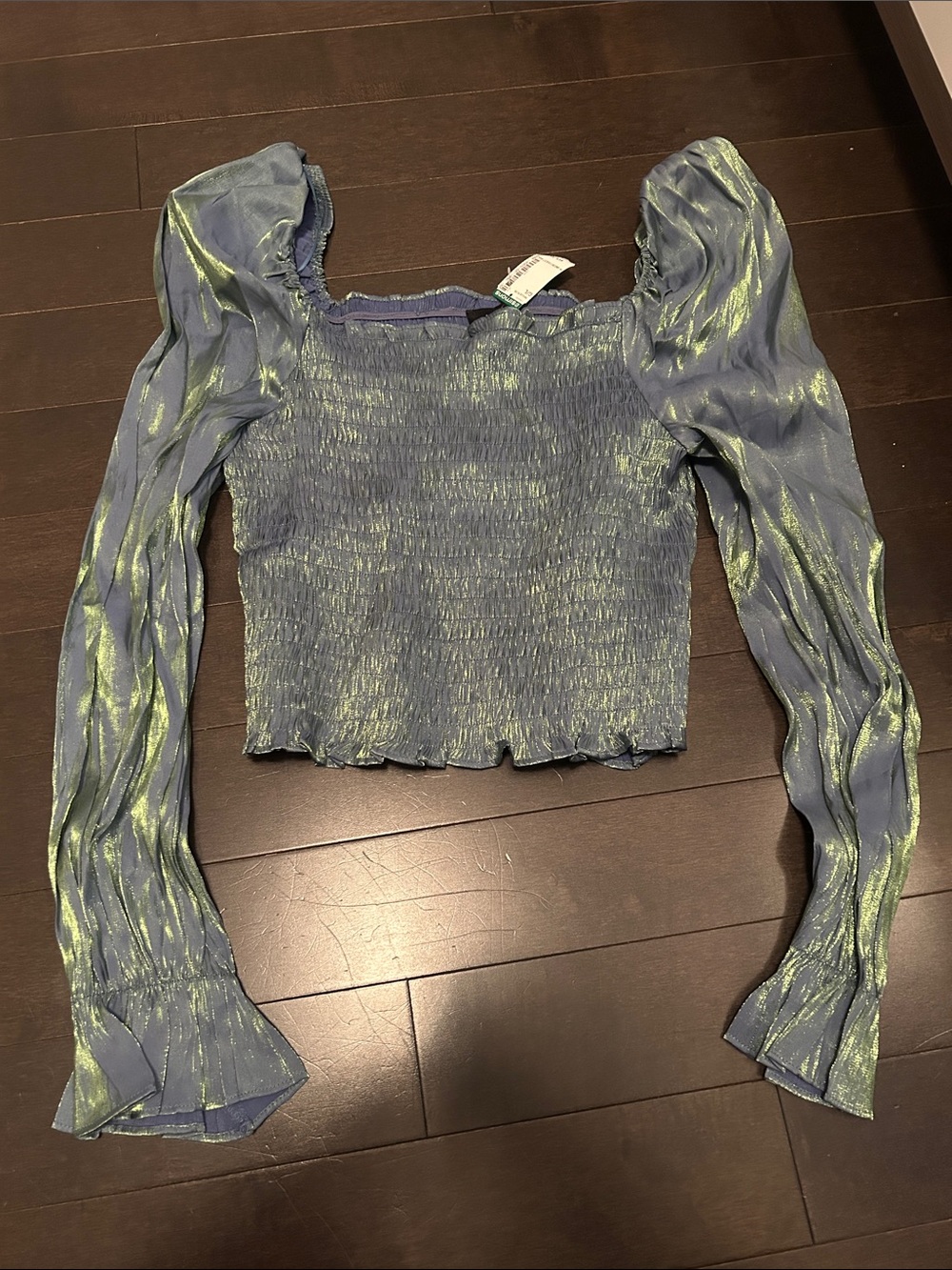 Shimmery Blue-Green Smocked Puff-Sleeve Crop Top - NWT from Simon’s